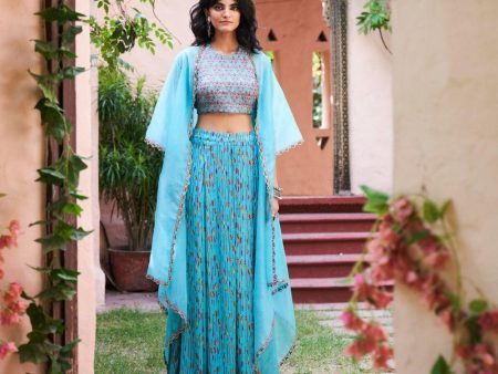 Turquoise Satin Silk Cape Set Online Hot Sale