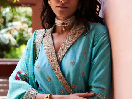 Turquoise Silk Chanderi Angrakha Set Supply