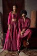 Cherry Red Satin Silk Printed Kurta And Joggers Pants For Sale