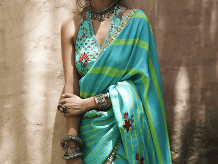 Turquoise Satin Silk Printed Saree Online Hot Sale