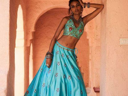 Turquoise Chanderi Silk Lehenga Set For Cheap