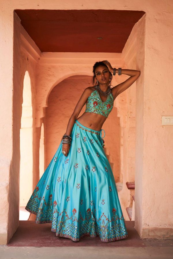 Turquoise Chanderi Silk Lehenga Set For Cheap