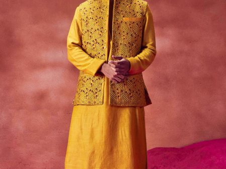 Yellow Kurta andEmrboidered Bundi Set Online now