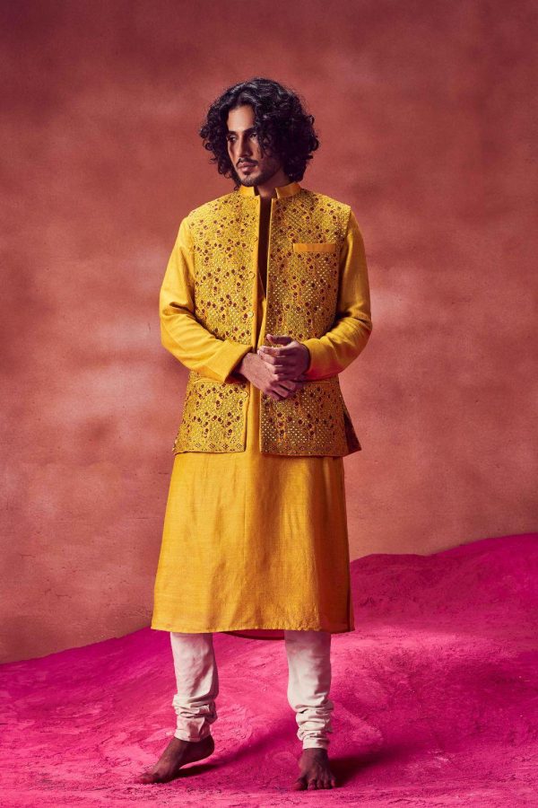 Yellow Kurta andEmrboidered Bundi Set Online now