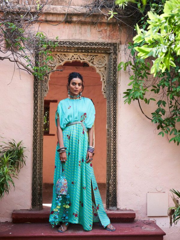 Turquoise Satin Silk Maxi Dress on Sale