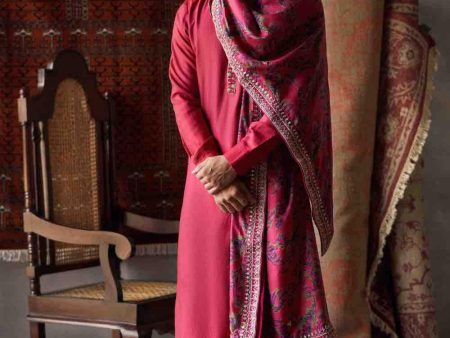 Cherry Red Tussar Silk Kurta  With Churidar And Dushala Set Online Sale