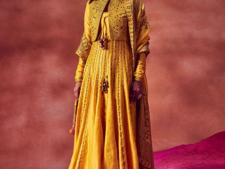 Yellow Resham Work Anarkali Paired With Jacket & Churidar Online Sale