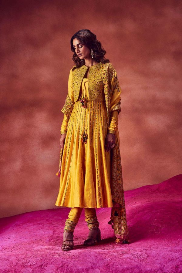 Yellow Resham Work Anarkali Paired With Jacket & Churidar Online Sale