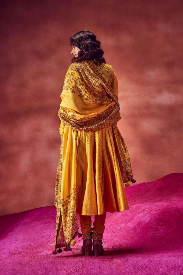 Yellow Resham Work Anarkali Paired With Jacket & Churidar Online Sale