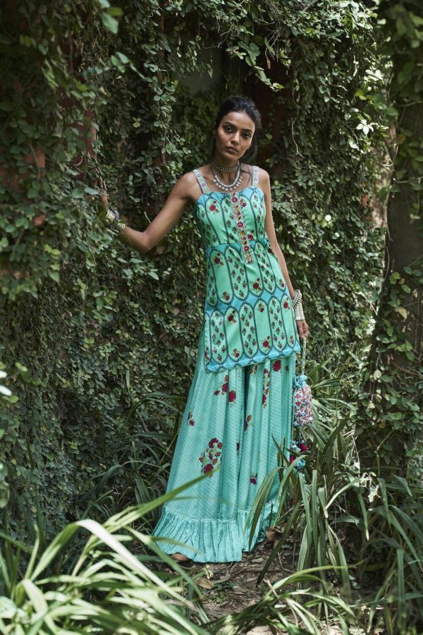 Turquoise Satin Silk Short Kurti Sharara Set Online