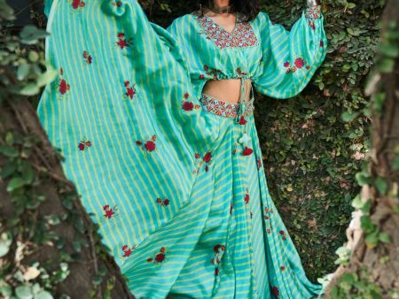 Turquoise Satin Silk Resham and Mirror Work Loose Top and Skirt Set Online