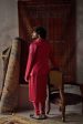 Cherry Red Satin Silk Kurta And Tussar Silk Bandi Set Hot on Sale