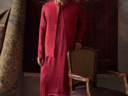 Cherry Red Satin Silk Kurta And Tussar Silk Bandi Set Hot on Sale