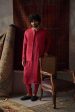 Cherry Red Satin Silk Kurta And Tussar Silk Bandi Set Hot on Sale