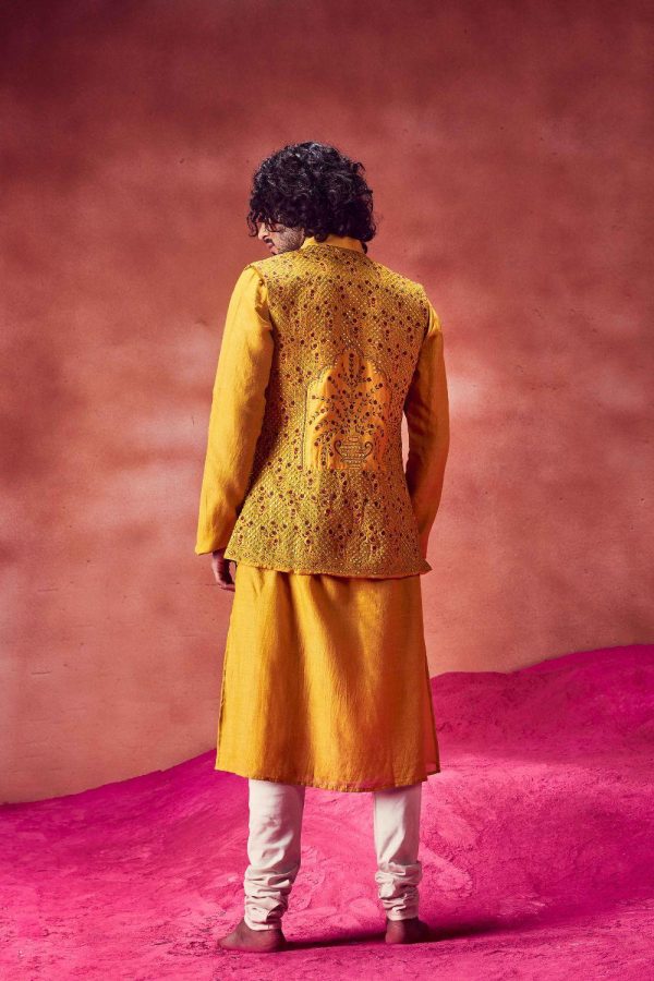 Yellow Kurta andEmrboidered Bundi Set Online now