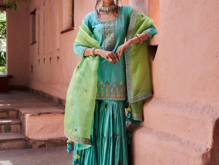 Turquoise Silk Chanderi Short Kurti and Gharara Set For Sale