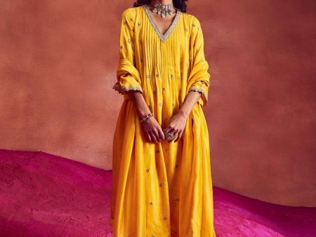 Yellow Silk Anarkali With Pants & Dupatta Online now