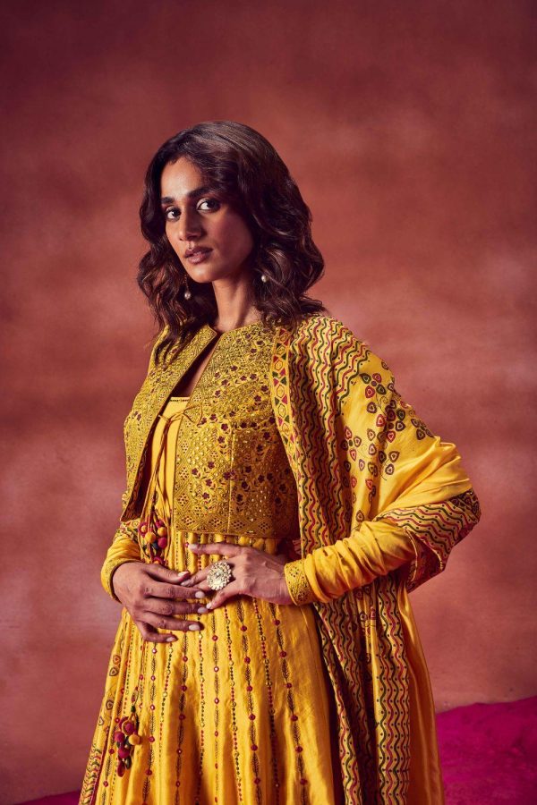 Yellow Resham Work Anarkali Paired With Jacket & Churidar Online Sale