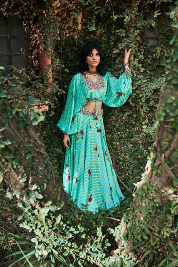 Turquoise Satin Silk Resham and Mirror Work Loose Top and Skirt Set Online