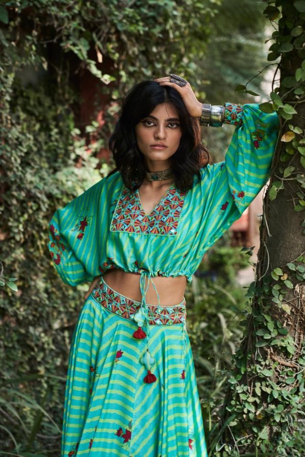 Turquoise Satin Silk Resham and Mirror Work Loose Top and Skirt Set Online