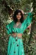 Turquoise Satin Silk Resham and Mirror Work Loose Top and Skirt Set Online