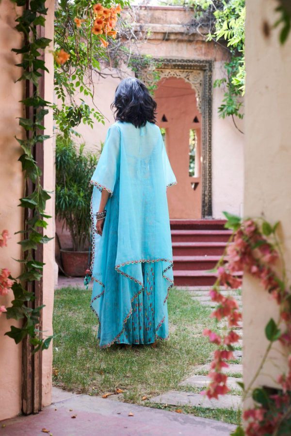 Turquoise Satin Silk Cape Set Online Hot Sale