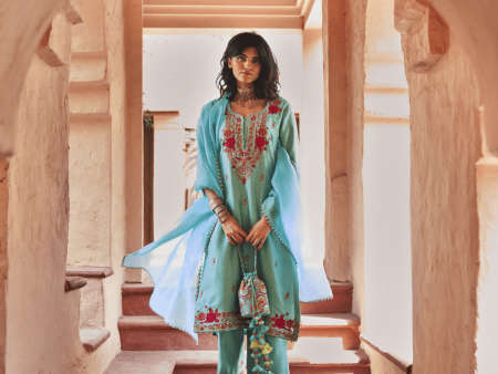 Turquoise Silk Chanderi Kurta Set Cheap