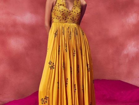 Yellow Printed Long Crush Dress For Discount