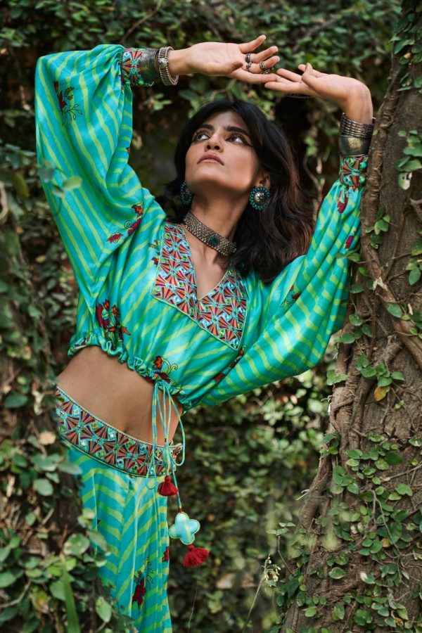 Turquoise Satin Silk Resham and Mirror Work Loose Top and Skirt Set Online