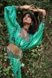 Turquoise Satin Silk Resham and Mirror Work Loose Top and Skirt Set Online