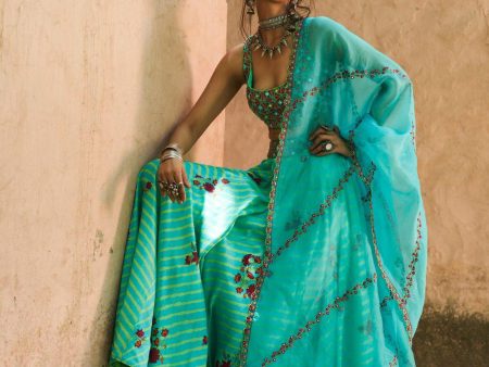 Turquoise Silk Chanderi Lehenga Set For Sale