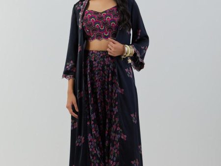 Black Printed Top Paired With Cowl Pants & Cape Sale