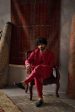 Cherry Red Satin Silk Kurta And Tussar Silk Bandi Set Hot on Sale