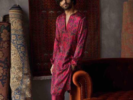 Cherry Red Satin Silk Printed Kurta And Joggers Pants For Sale