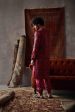 Cherry Red Satin Silk Printed Kurta And Joggers Pants For Sale