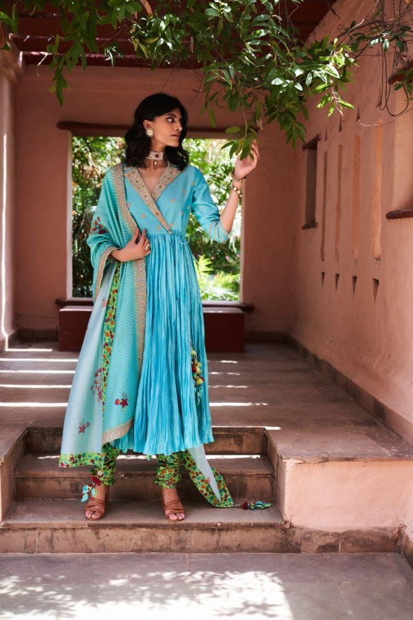 Turquoise Silk Chanderi Angrakha Set Supply