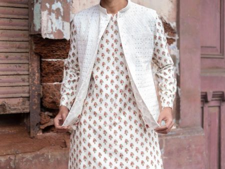 White Printed Kurta With  Bandi Churidar Online Hot Sale