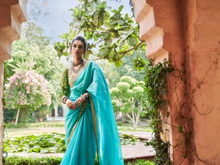 Turquoise Organza silk Saree Online Sale