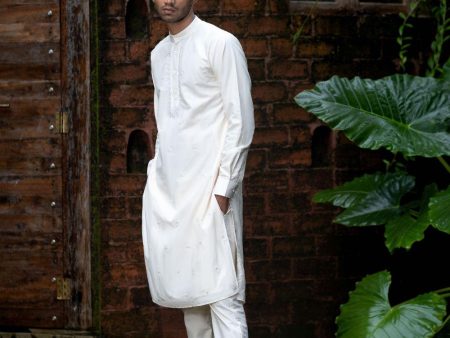 White Chanderi  Embellieshed Kurta With Button Patti And Pants Set For Discount