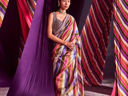 Stripes Printed Saree Set Cheap