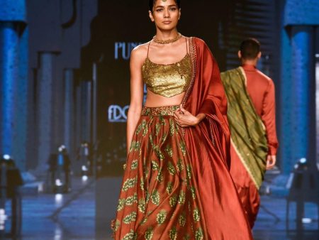 Brick Red Printed Lehenga Set For Cheap