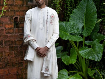 White Kurta With Pants And Stole Set For Sale