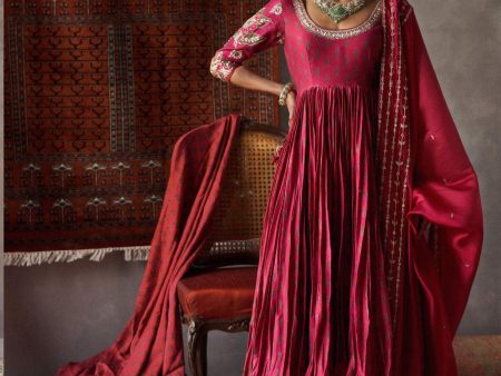 Cherry Red Silk Chanderi Crushed Anarkali Set Online Sale