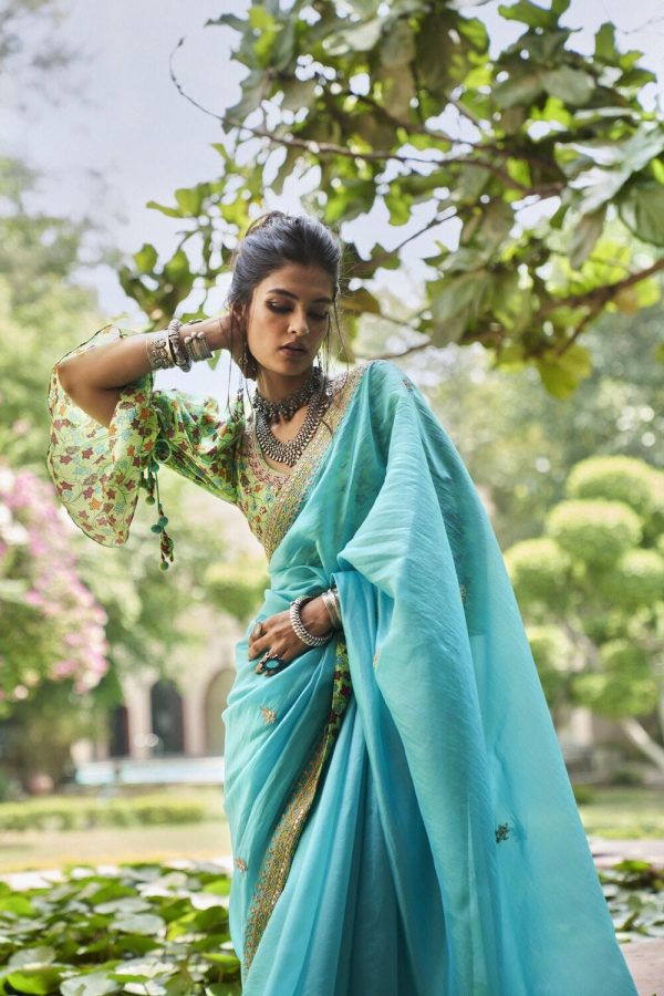 Turquoise Organza silk Saree Online Sale