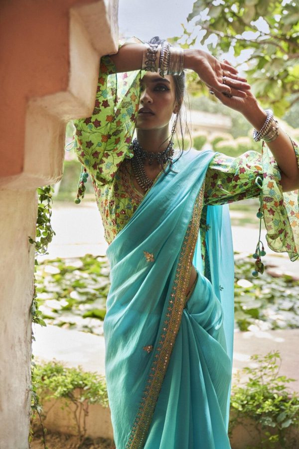 Turquoise Organza silk Saree Online Sale