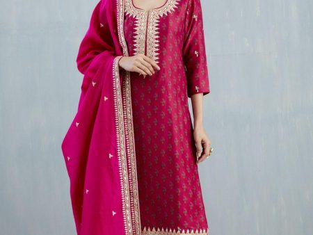 Cherry Red Silk Chanderi Kurta Set Discount